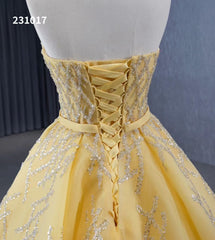 Sparkly Light Gold Ball Gown Prom Dresses Beaded Strapless Quince Dress 231017
