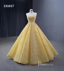 Sparkly Light Gold Ball Gown Prom Dresses Beaded Strapless Quince Dress 231017