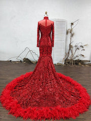 Sparkly Long Sleeve Sequin Mermaid Prom Dress Red Party Dress
