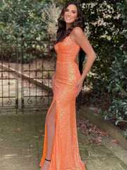 Sparkly Orange Sequin Prom Dress – Mermaid Formal Dress with Slit, Spaghetti Strap V-neck FD3277