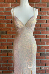 Sparkly Orange Sequin Prom Dress – Mermaid Formal Dress with Slit, Spaghetti Strap V-neck FD3277