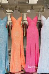 Sparkly Orange Sequin Prom Dress – Mermaid Formal Dress with Slit, Spaghetti Strap V-neck FD3277