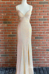Sparkly Orange Sequin Prom Dress – Mermaid Formal Dress with Slit, Spaghetti Strap V-neck FD3277