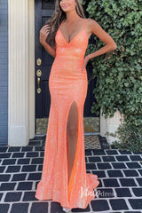 Sparkly Orange Sequin Prom Dress – Mermaid Formal Dress with Slit, Spaghetti Strap V-neck FD3277