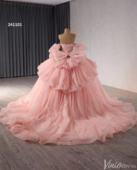 Sparkly Pink Tulle Wedding Gown Strapless Quinceanera Dress Removable Sleeves 241101