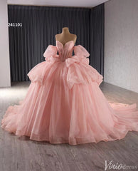 Sparkly Pink Tulle Wedding Gown Strapless Quinceanera Dress Removable Sleeves 241101
