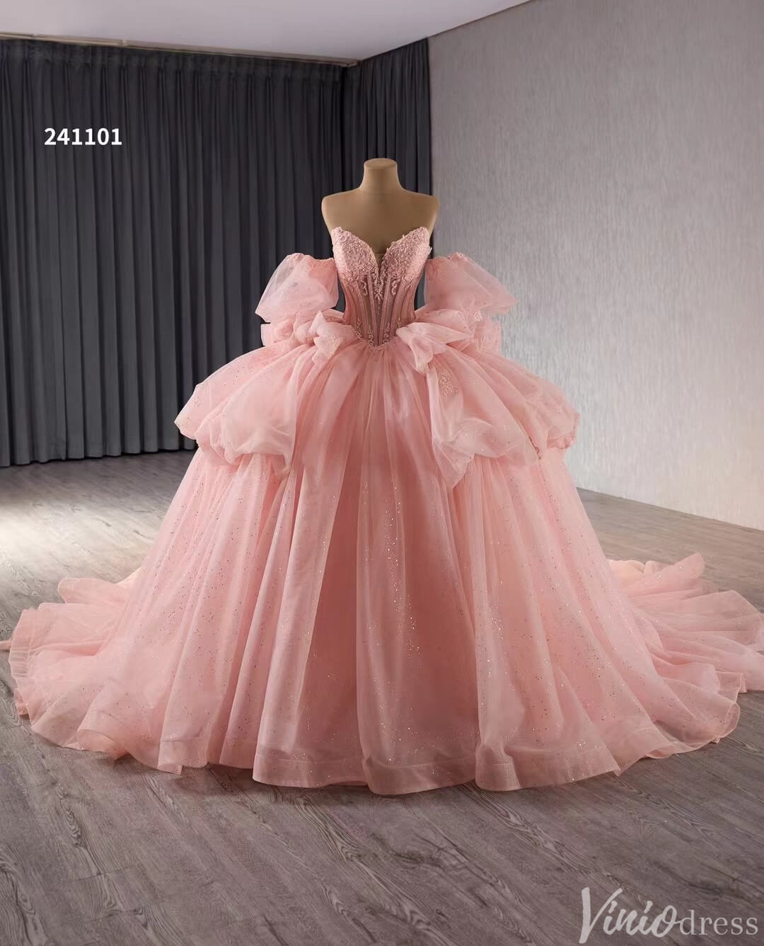 Sparkly Pink Tulle Wedding Gown Strapless Quinceanera Dress Removable Sleeves 241101