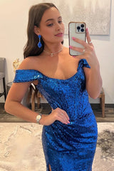 Sparkly Purple Off the Shoulder Mermaid Prom Dress with Slit