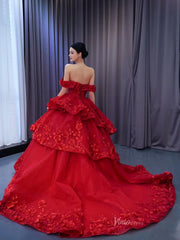 Sparkly Red Floral Ball Gown Wedding Dresses Off the Shoulder 231052