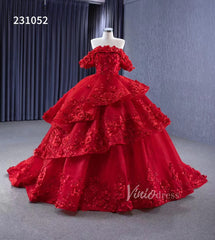 Sparkly Red Floral Ball Gown Wedding Dresses Off the Shoulder 231052