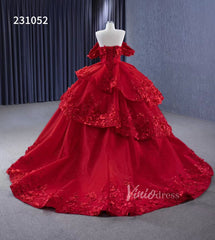 Sparkly Red Floral Ball Gown Wedding Dresses Off the Shoulder 231052