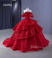 Sparkly Red Floral Ball Gown Wedding Dresses Off the Shoulder 231052