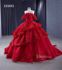 Sparkly Red Floral Ball Gown Wedding Dresses Off the Shoulder 231052