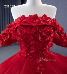 Sparkly Red Floral Ball Gown Wedding Dresses Off the Shoulder 231052