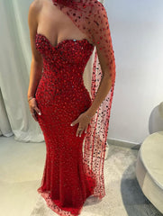 Sparkly Red Prom Dresses Long Full Crystal Formal Outfit with Scarf