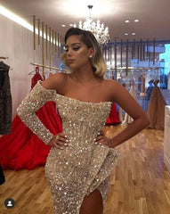 Sparkly Silver Sequins One Shoulder Side Slit Ruffles Prom Dress