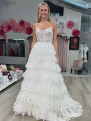 Sparkly Tiered Ruffle Prom Dresses 2024 Spaghetti Strap V-neck Ball Gowns FD3635B