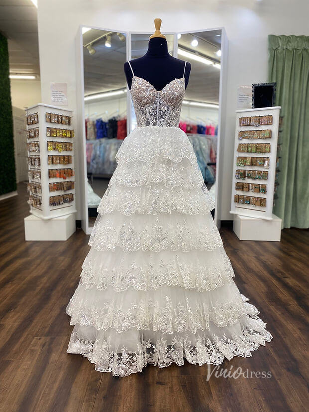 Sparkly Tiered Ruffle Prom Dresses 2024 Spaghetti Strap V-neck Ball Gowns FD3635B
