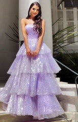 Sparkly Tiered Ruffle Prom Dresses Strapless Sequin Ball Gown FD3574