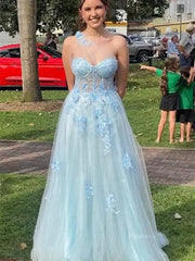 Sparkly Tulle Lace Prom Dresses 2025 One Shoulder Formal Gown with Slit - FD5158