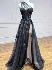 Sparkly Tulle Lace Prom Dresses 2025 One Shoulder Formal Gown with Slit - FD5158