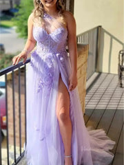 Sparkly Tulle Lace Prom Dresses 2025 One Shoulder Formal Gown with Slit - FD5158