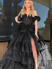 Sparkly Tulle Tiered Prom Dresses with Slit Puffed Sleeve Off the Shoulder Formal Gown - FD3713