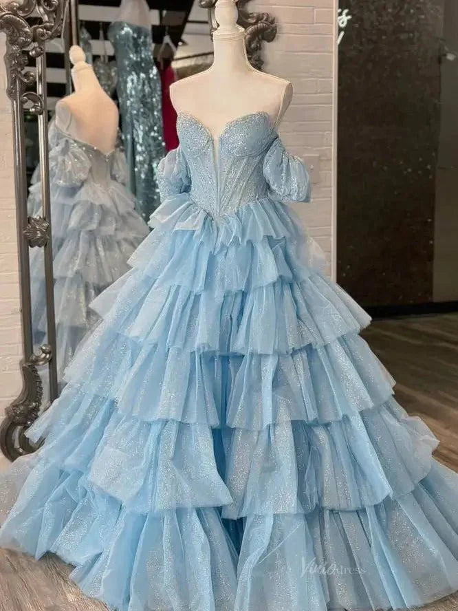Sparkly Tulle Tiered Prom Dresses with Slit Puffed Sleeve Off the Shoulder Formal Gown - FD3713