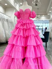 Sparkly Tulle Tiered Prom Dresses with Slit Puffed Sleeve Off the Shoulder Formal Gown - FD3713