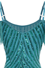 Sparkly Turquoise Tight Sequins Short Homecoming Dress with Fringes
