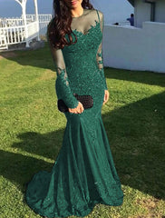 Mermaid / Trumpet Evening Gown Sparkle Dress Wedding Guest Homecoming Sweep / Brush Train Long Sleeve Illusion Neck Lace with Appliques