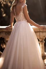 A-line illusion neckline lace sticker rural wedding dress bride dress