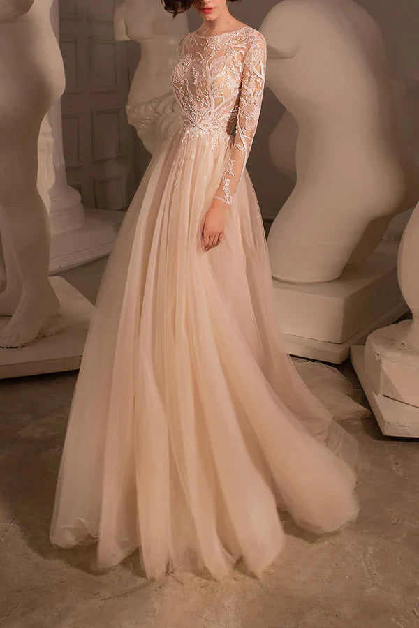 A-line illusion neckline lace embroidery long sleeved bohemian style wedding dress