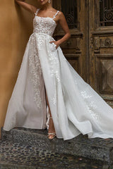 Line square lace decal rural style slit wedding dress