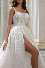A-line Square Neck Lace Applique High Split Palace Trail Countryside Style Wedding Dress