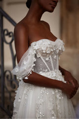 A Line Sweetheart 3D Decal Countryside Style Wedding Dress with Sweeping Train