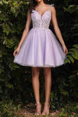 A-line V-neck lace sticker cute Homecoming Dresses