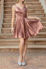 A-line V-neck satin pleated short Homecoming dress