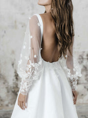 Square Neck A-Line Wedding Dress Long Sleeves with Split Front