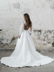 Square Neck A-Line Wedding Dress Long Sleeves with Split Front