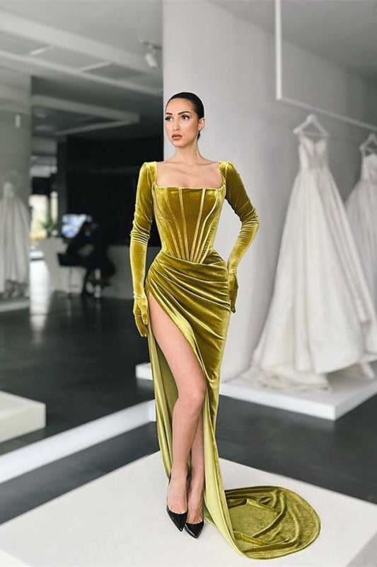 Square Neck Long Sleeve Prom Dress Velvet With Slit