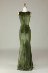 Square Neck Olive Green Velvet Slit Long Bridesmaid Dress