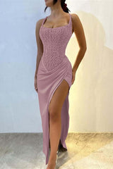 Square Neck Ruffle Satin Side Split Prom Dress Spaghetti Straps Beadings Party Dress