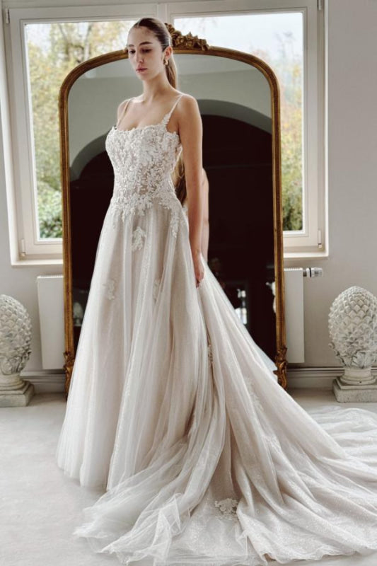 Square Neck Sleeveless A Line Wedding Dresses with Lace Appliques