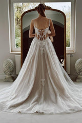 Square Neck Sleeveless A Line Wedding Dresses with Lace Appliques