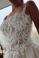 Square Neck Sleeveless A Line Wedding Dresses with Lace Appliques
