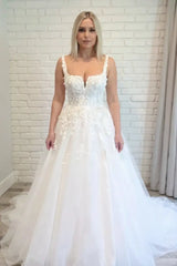 Square Neck Tulle Aline Wedding Dresses Front Split Sleeveless Bridal Dress
