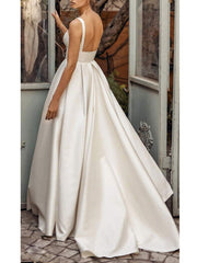 Square Neck Vintage Wedding Dresses Sleeveless Satin Court Train Sash Bridal Dress