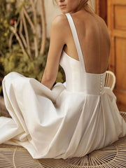 Square Neck Vintage Wedding Dresses Sleeveless Satin Court Train Sash Bridal Dress