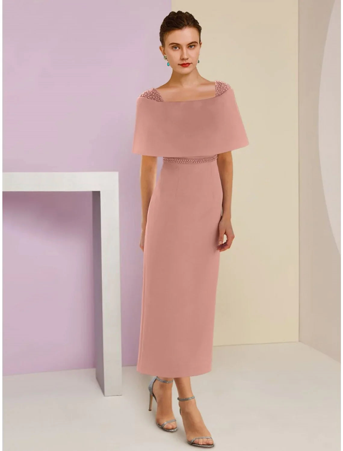 A-Line Mother of the Bride Dress Wedding Guest Elegant Off Shoulder Ankle Length Short Sleeve with Beading Solid Color